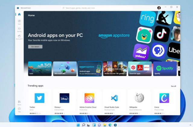 Microsoft screenshot (from 2021) showing a listing for the Amazon Appstore in the Windows 11 Microsoft Store. "Android apps on your PC" is prominently highlighted.