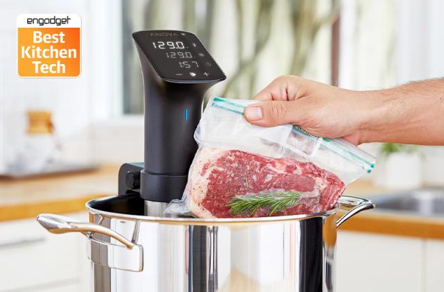 A hand drops a vacuum sealed bag with steak into a pot with an Anova Precision Cooker sous vide, along with the Engadget Best Kitchen Tech badge in the top left corner.