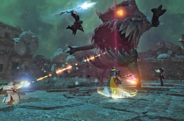 An image of Final Fantasy 14 showing players fighting a monster.