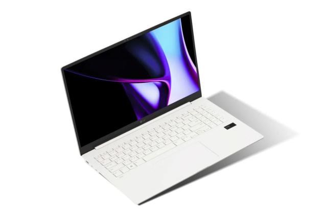 A white LG Gram Pro floating on a white background. 