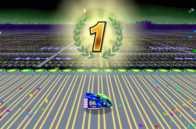 Gameplay screenshot from F-Zero 99 for Nintendo Switch Online. A side view of a blue racing car on a 16-bit sci-fi track. A number one floats above, indicating the racer finished in first place.