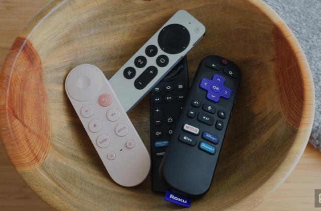 Remotes for the best streaming devices are in a wooden bowl. 