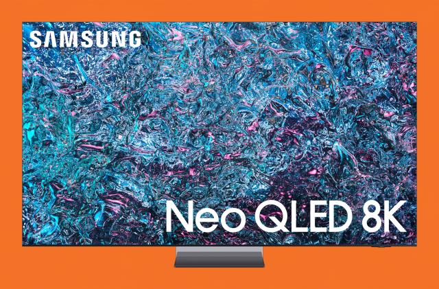 Product image of the latest Samsung Neo QLED 8K TV. Blue / purple patterns on the TV, showing off its resolution. Orange background.