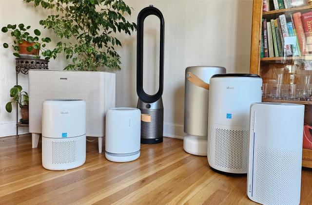Air purifiers from Levoit, Molekule, Coway, Dyson and more sit on a wooden floor in a room with plants in it. 