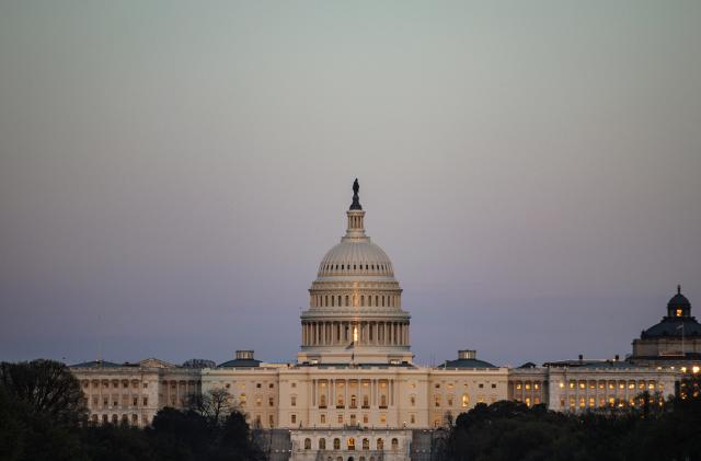 WASHINGTON, DC - MARCH 16: The U.S. Capitol building is seen from the base of the Washington Monument as the sun sets over the National Mall on March 16, 2024 in Washington, DC. (Photo by Samuel Corum/Getty Images)